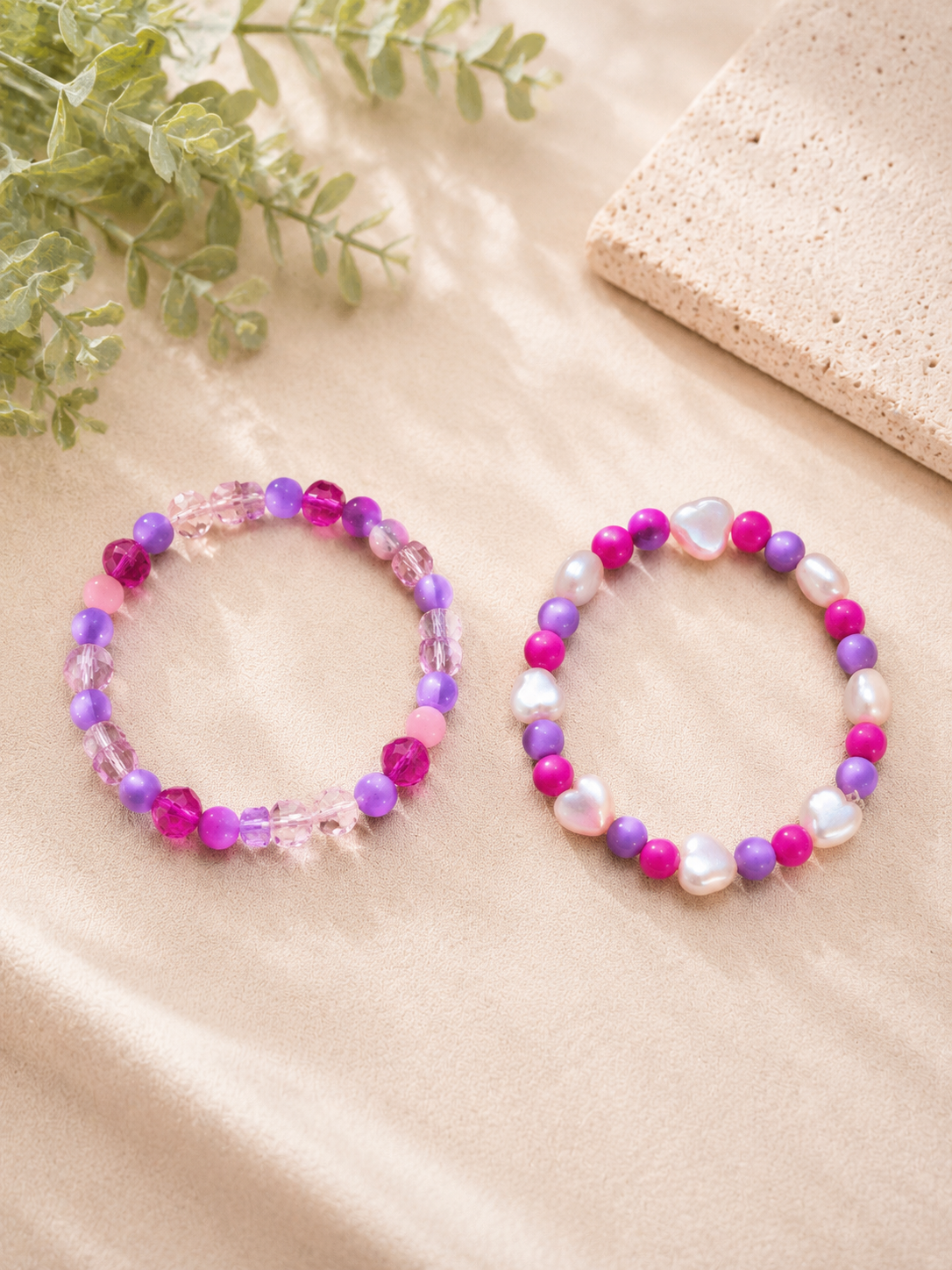 Kids' Purple & Pink Heart Bead Bracelet Set (Set of 2)