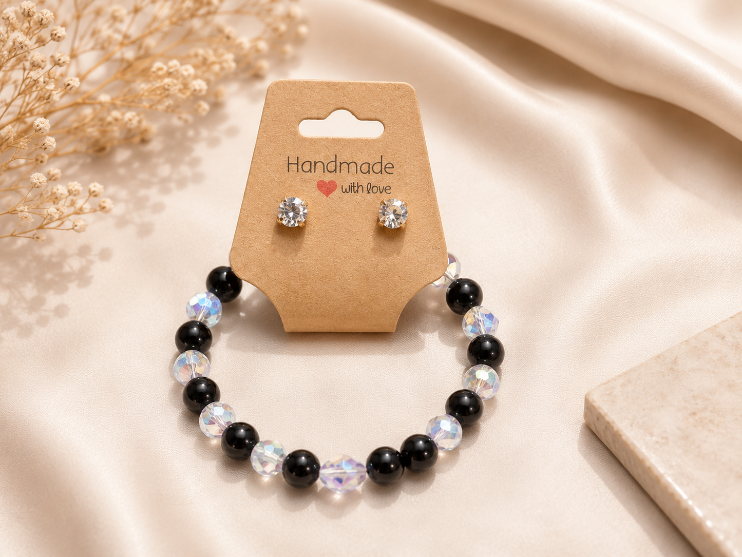 Black Onyx & Aurora Crystal Bracelet with CZ Stud Earrings Set
