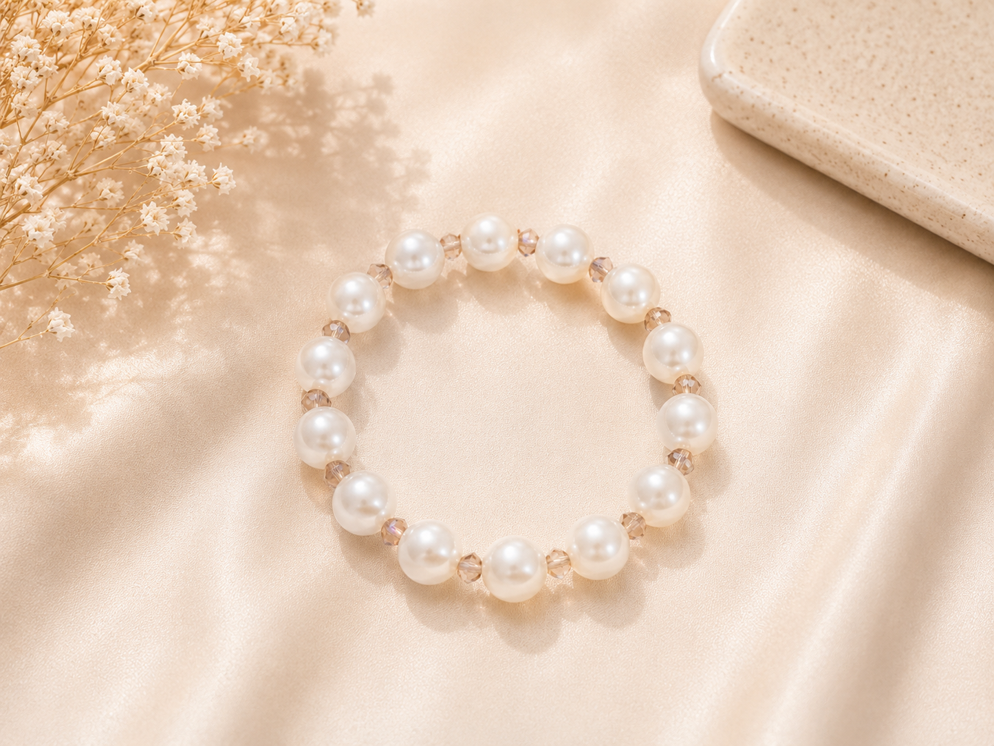 Pearl & Champagne Crystal Rondelle Stretch Bracelet