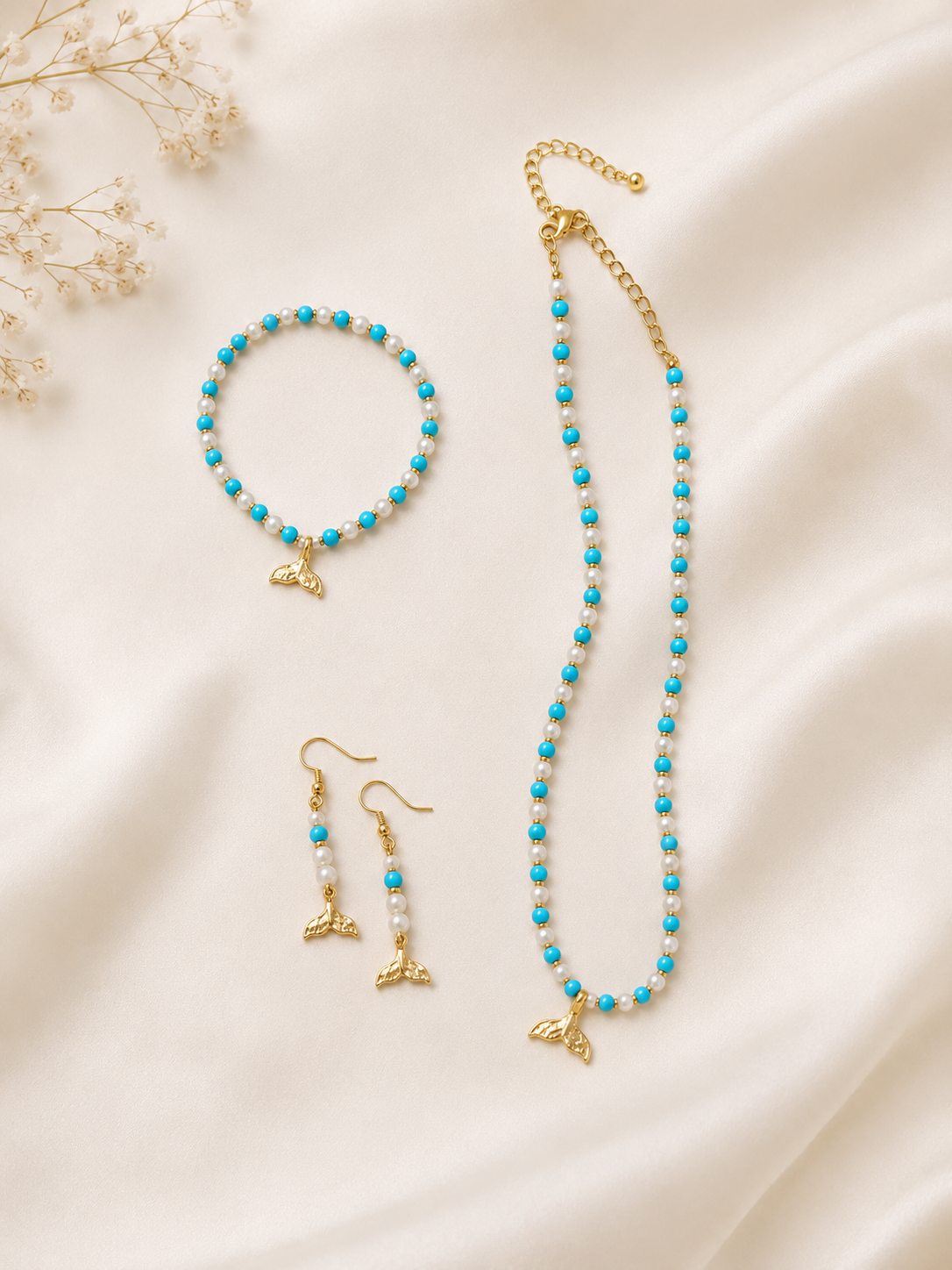 Turquoise Pearl & Gold Mermaid Tail Jewelry Set