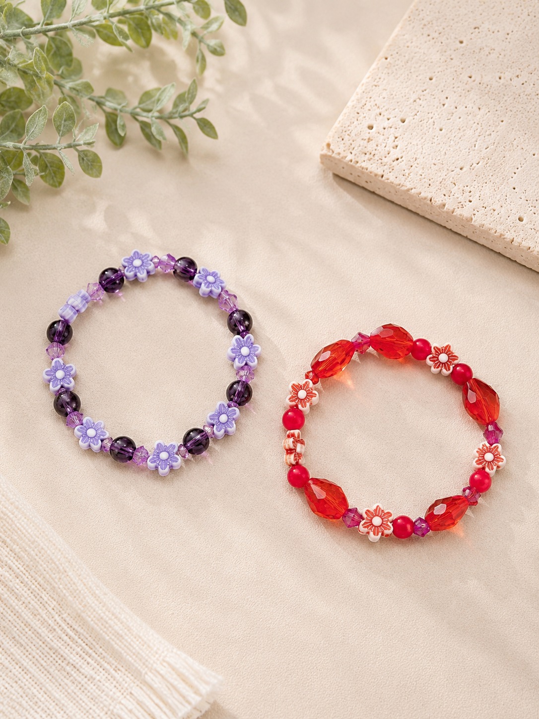 Purple & Red Flower Bead Stretch Bracelet Set (Set of 2)