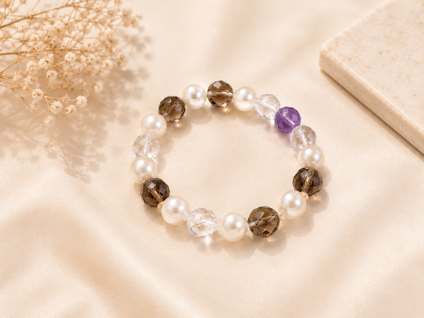 Pearl, Smoky Quartz & Amethyst Crystal Stretch Bracelet