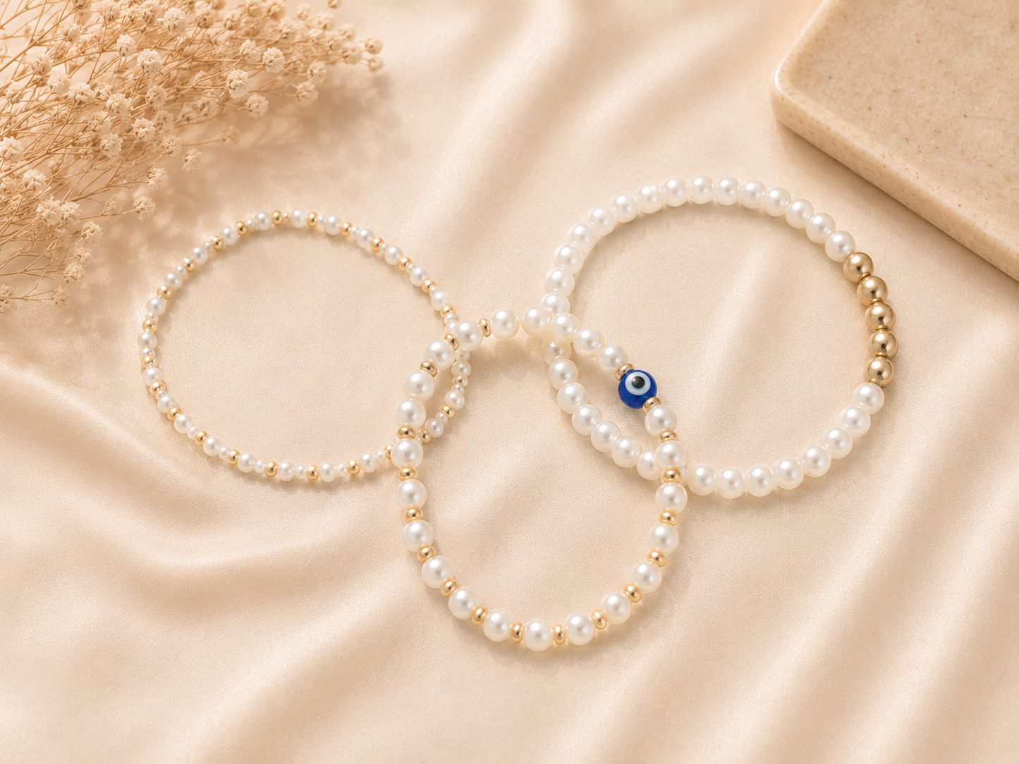Pearl & Gold Bead Stretch Bracelet Set with Evil Eye (Set of 3)