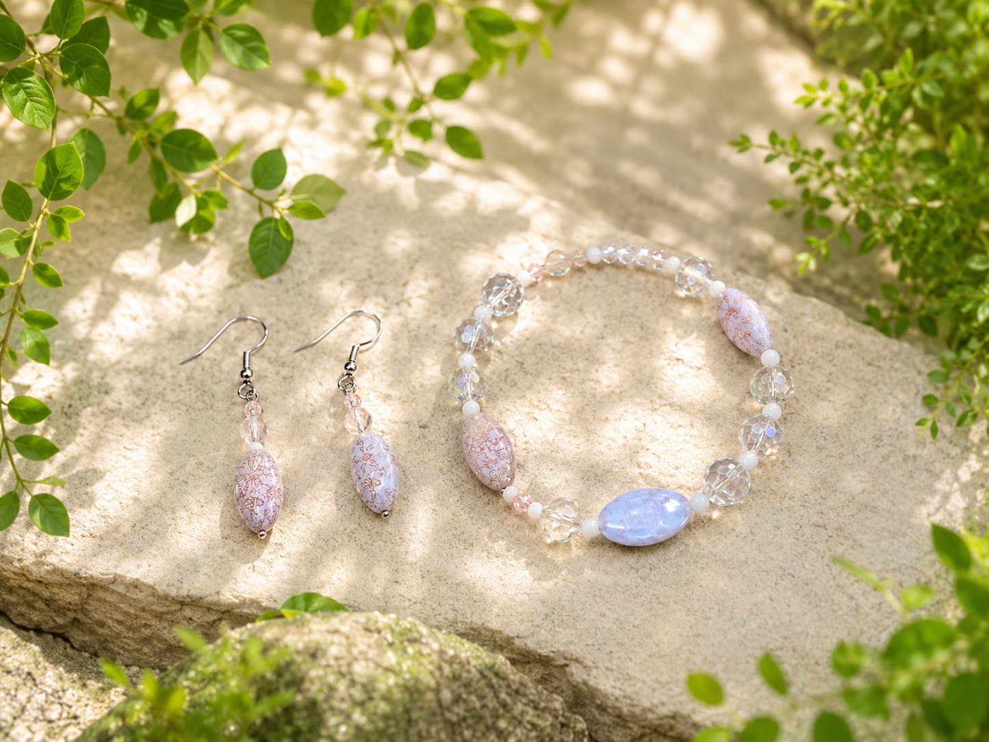 Pink Floral Beaded Bracelet & Earring Set