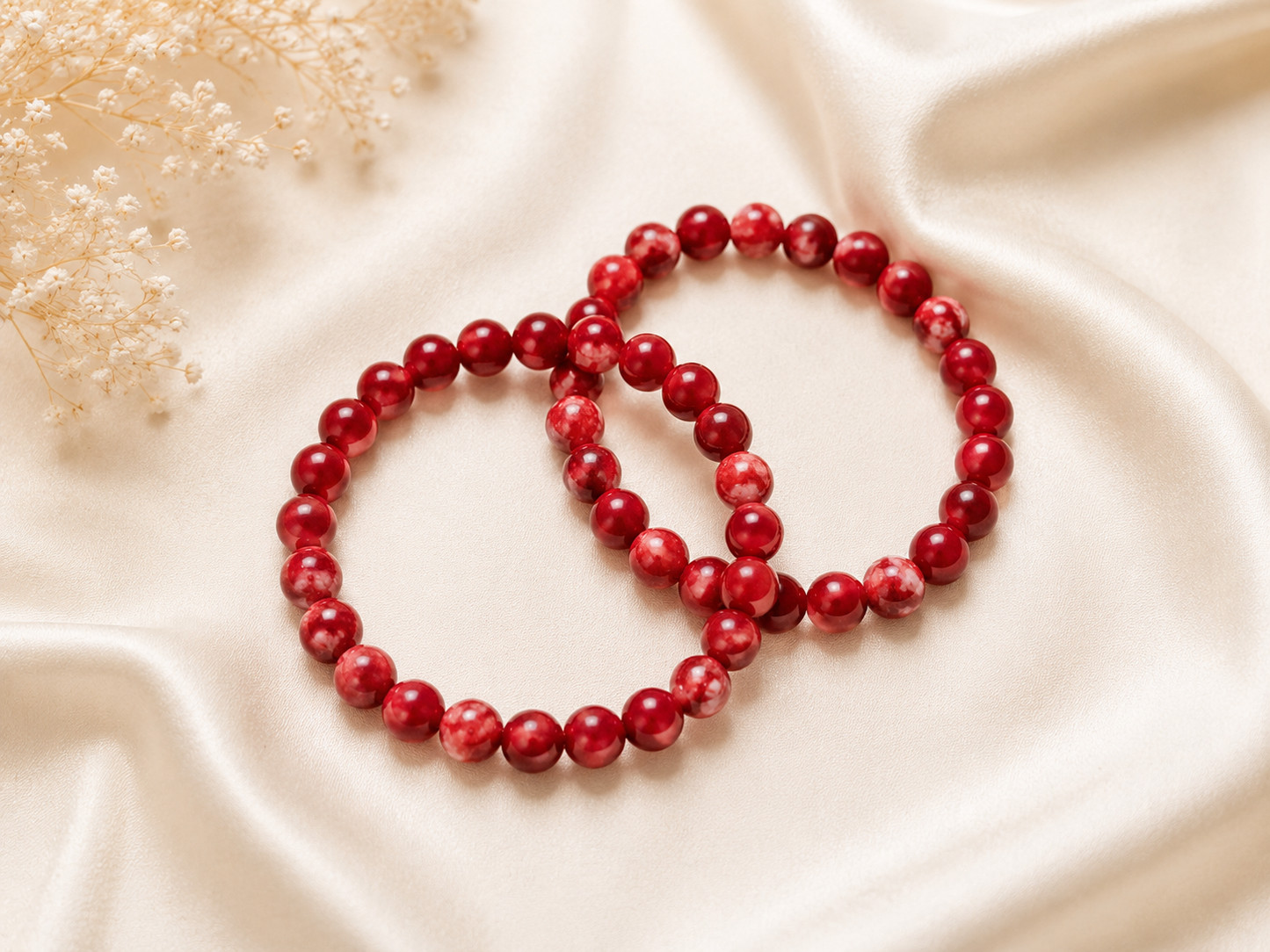 Red Marble Stone Bead Stretch Bracelet Set of 2