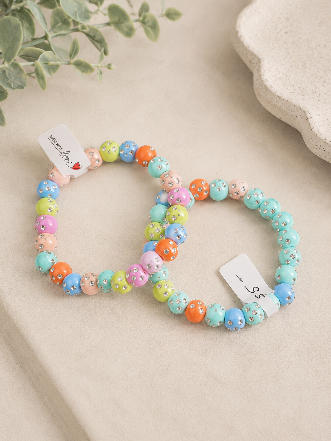 Pastel Rainbow Rhinestone Flower Bead Bracelet Set (Set of 2)
