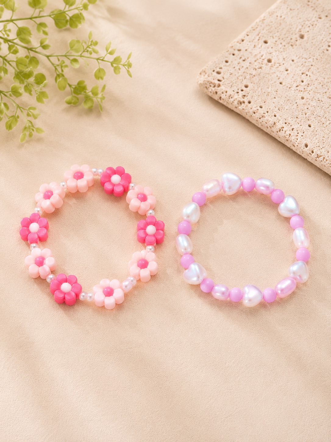 Kids' Pink Flower & Lavender Pearl Stretch Bracelet Set (Set of 2)