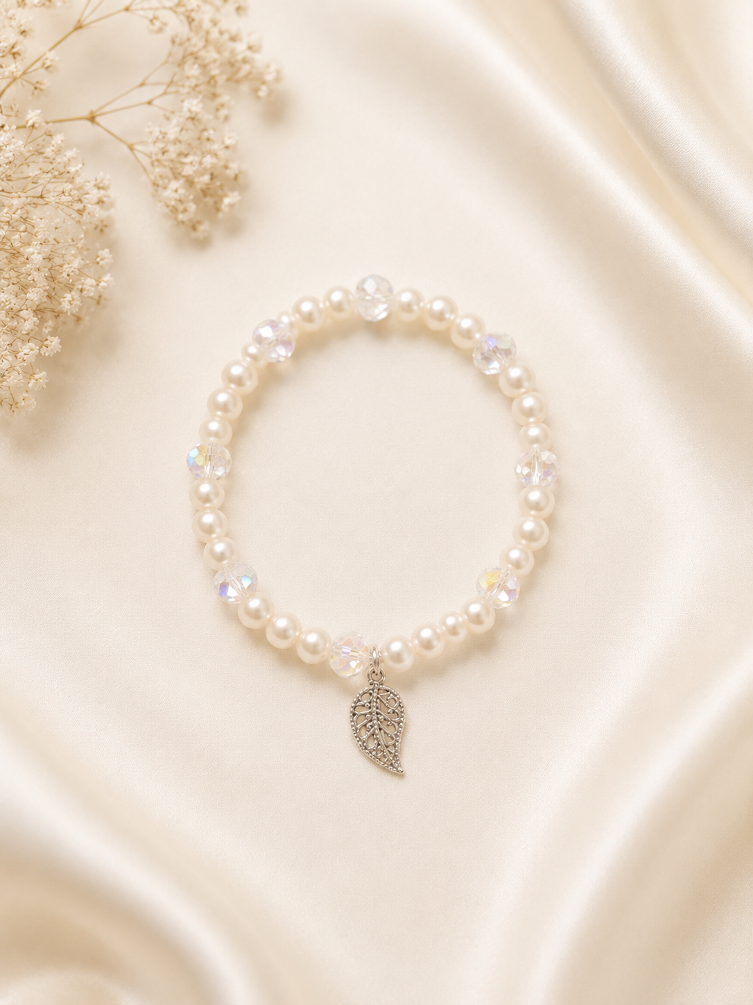 Pearl & Aurora Crystal Leaf Charm Stretch Bracelet