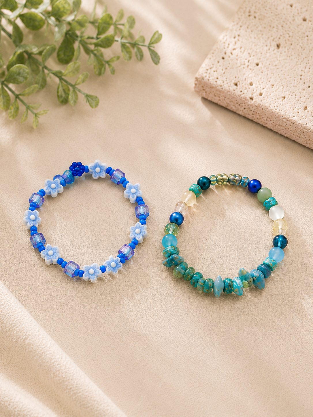 Blue Flower & Ocean Bead Stretch Bracelet Set (Set of 2)