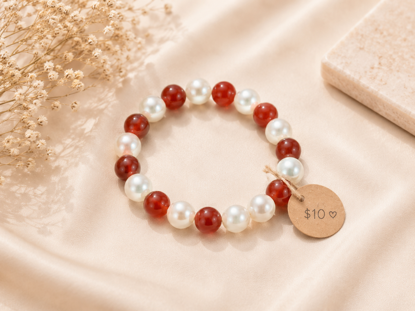 Red Carnelian & Pearl Stretch Bracelet