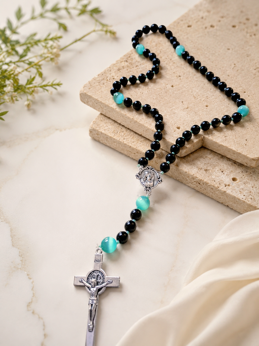Black Onyx & Teal Cat's Eye Rosary Necklace