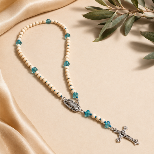Cream & Teal Wood Bead Rosary Necklace