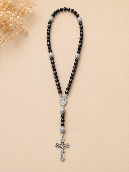 Black Hematite & Grey Map Stone Rosary Necklace