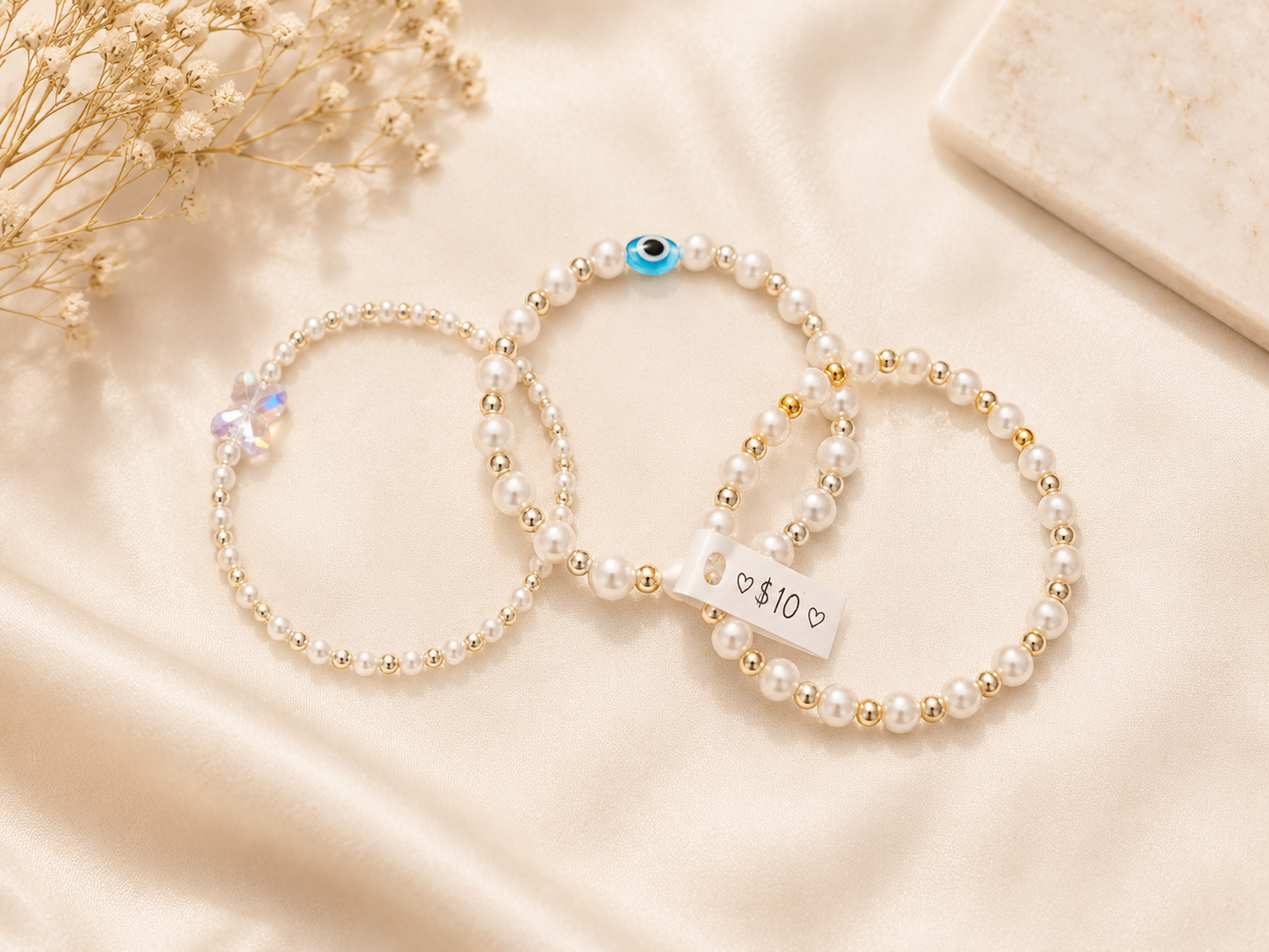 Pearl & Gold Bead Stretch Bracelet Set (Set of 3)