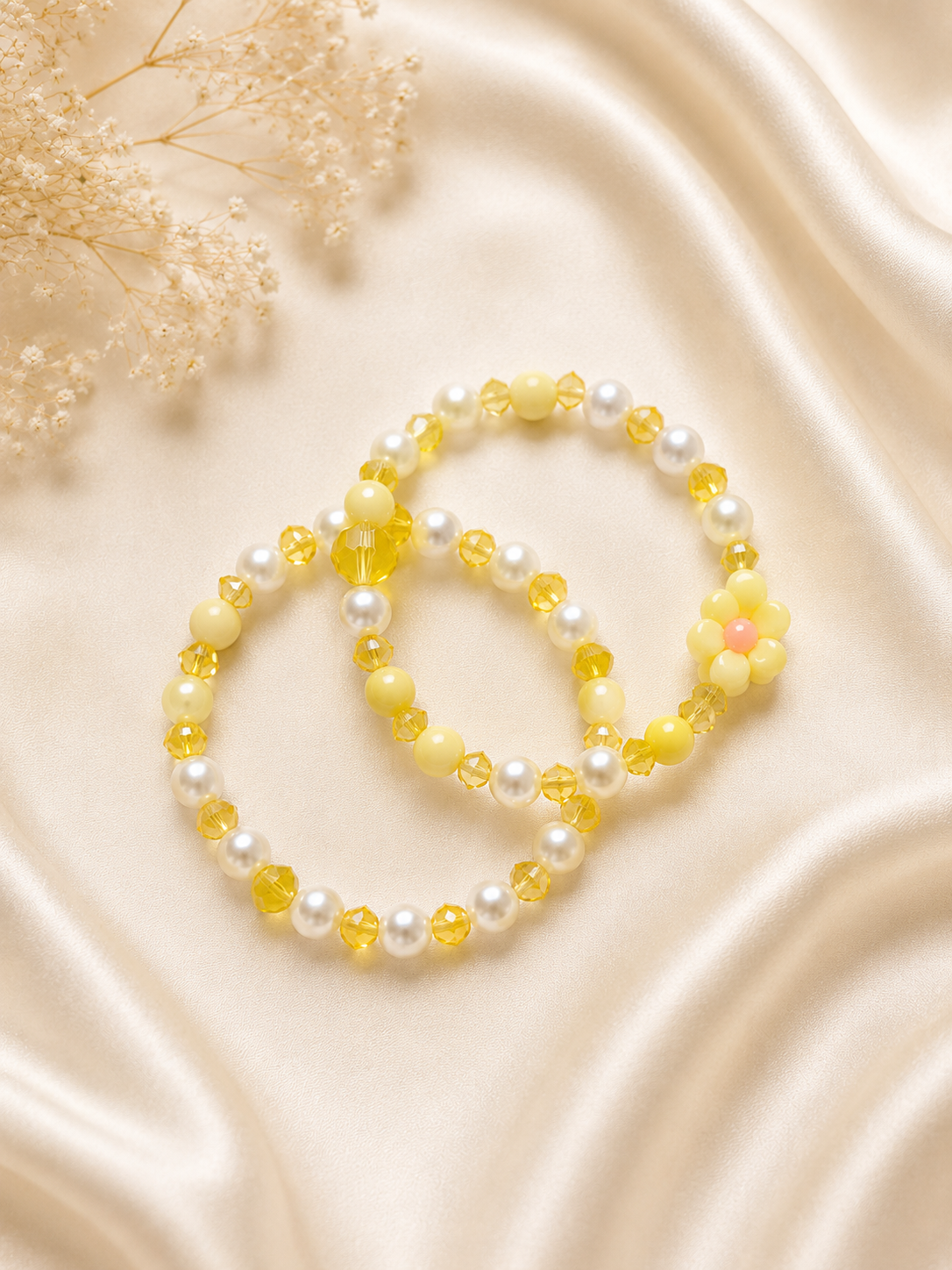 Sunshine Yellow Pearl & Daisy Crystal Kids Bracelet Set of 2