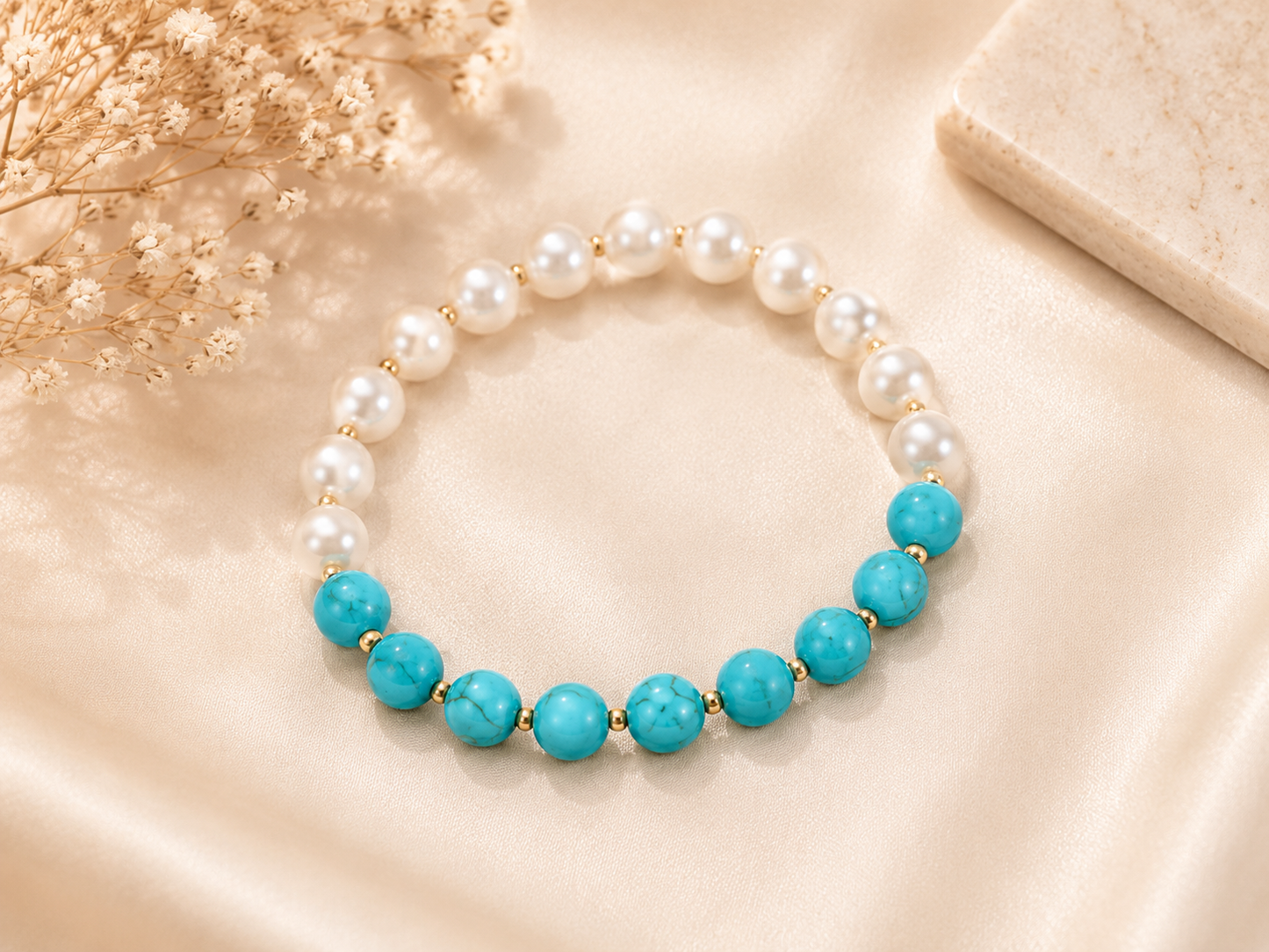 Turquoise Howlite & Pearl Gold Accent Stretch Bracelet