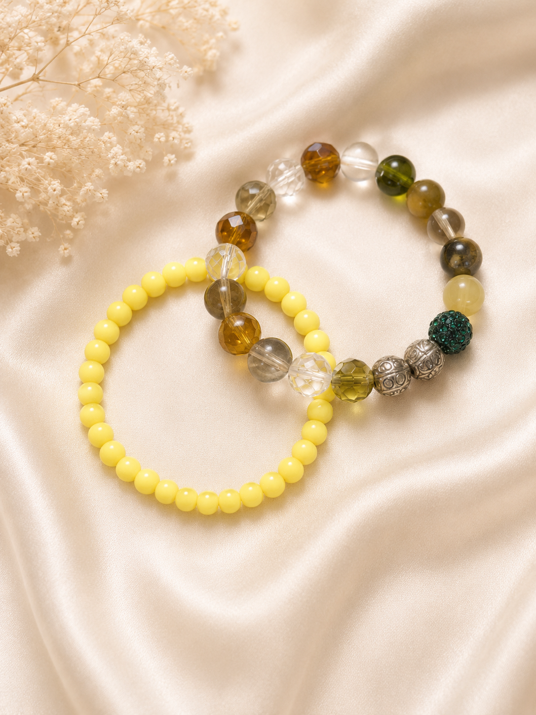 Yellow & Earth Tone Crystal Stretch Bracelet Set of 2