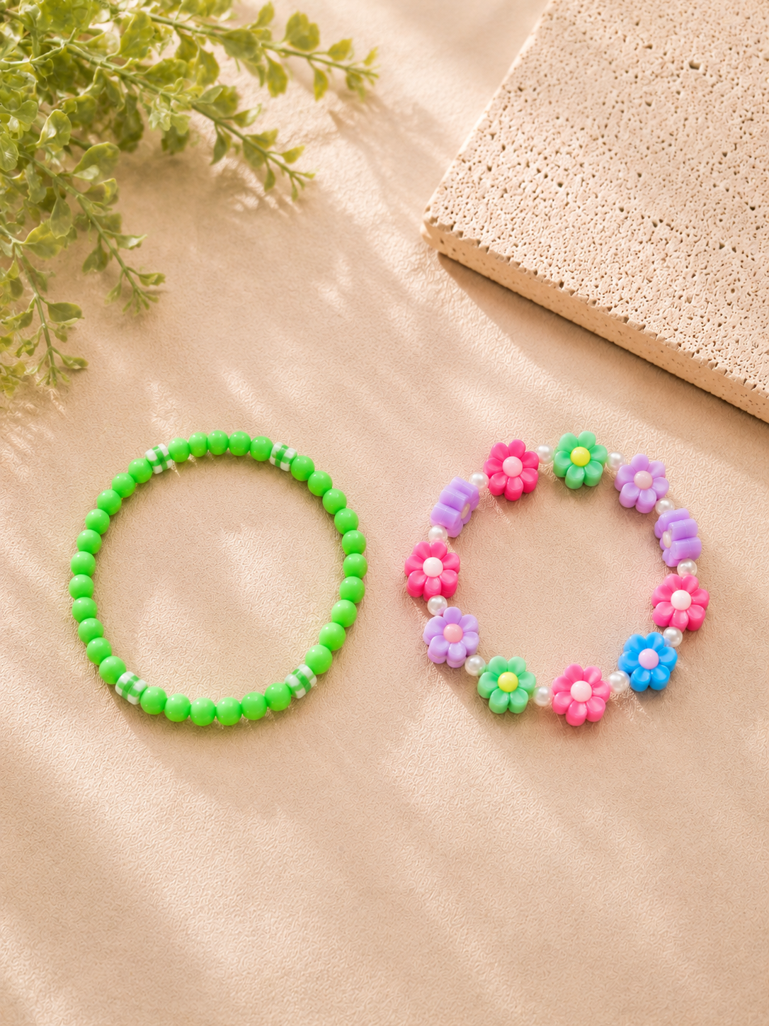 Kids' Neon Green & Rainbow Flower Stretch Bracelet Set (Set of 2)