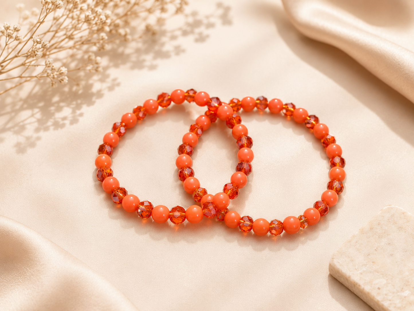 Kids' Coral Orange & Red Crystal Stretch Bracelet Set (Set of 2)