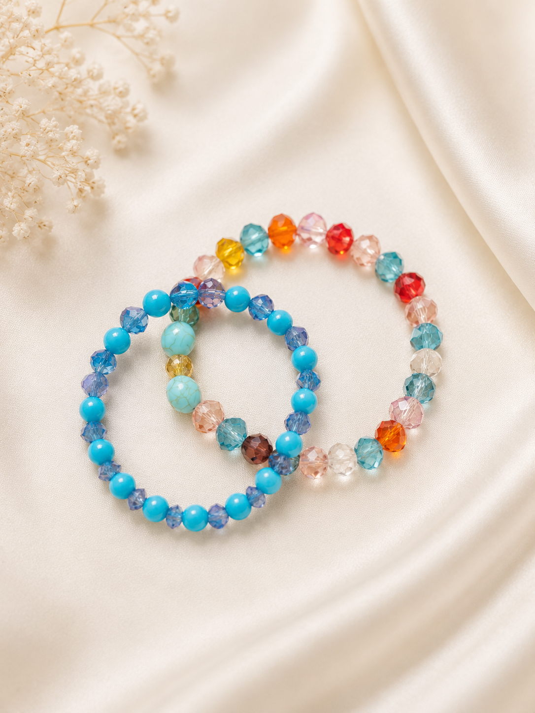 Turquoise & Rainbow Crystal Beaded Stretch Bracelet Set of 2