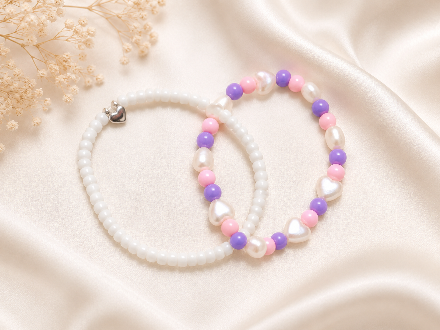 Pink, Purple & Pearl Heart Kids Bracelet Set of 2