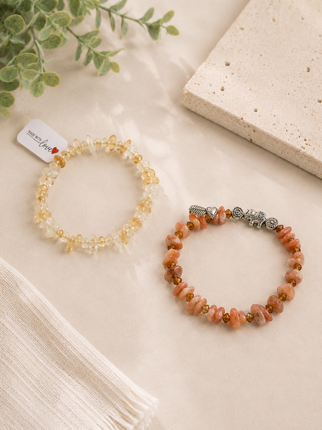 Natural Stone Chip Bracelet Set – Citrine & Sunstone with Charm (Set of 2)