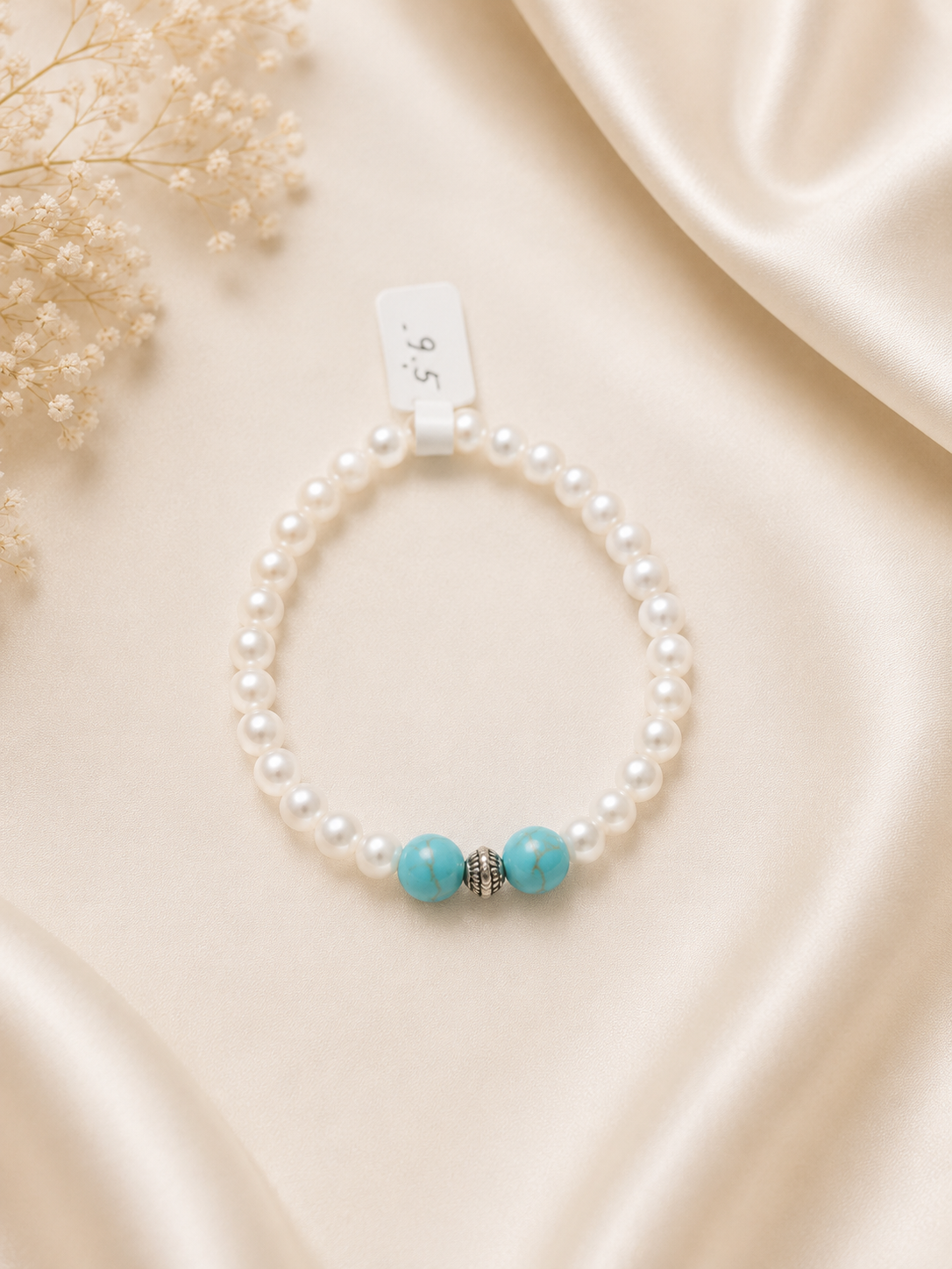 Pearl & Turquoise Accent Stretch Bracelet with Silver Bead