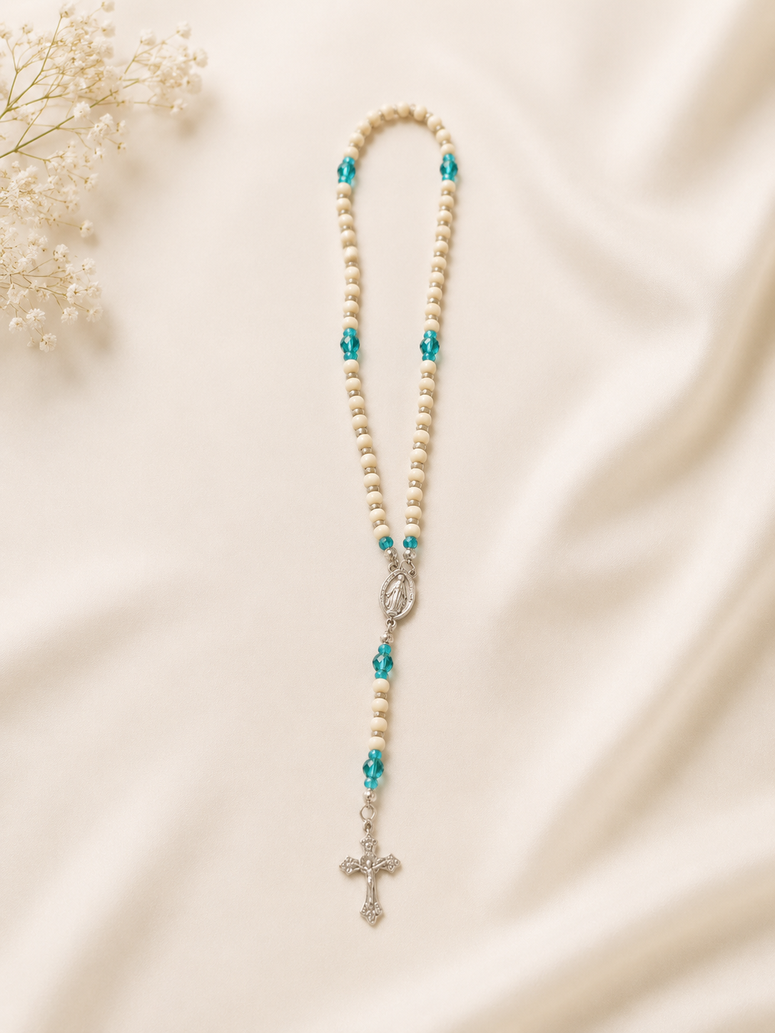 White & Teal Crystal Catholic Rosary