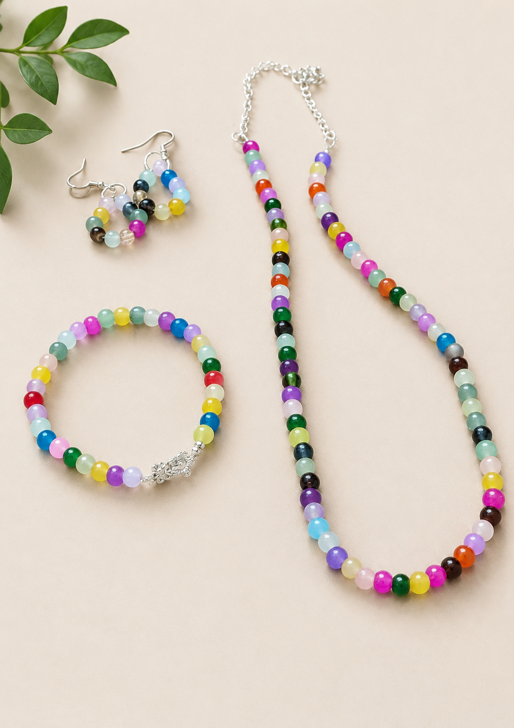 Rainbow Cat's Eye Bead Jewelry Set – Necklace, Bracelet & Earrings