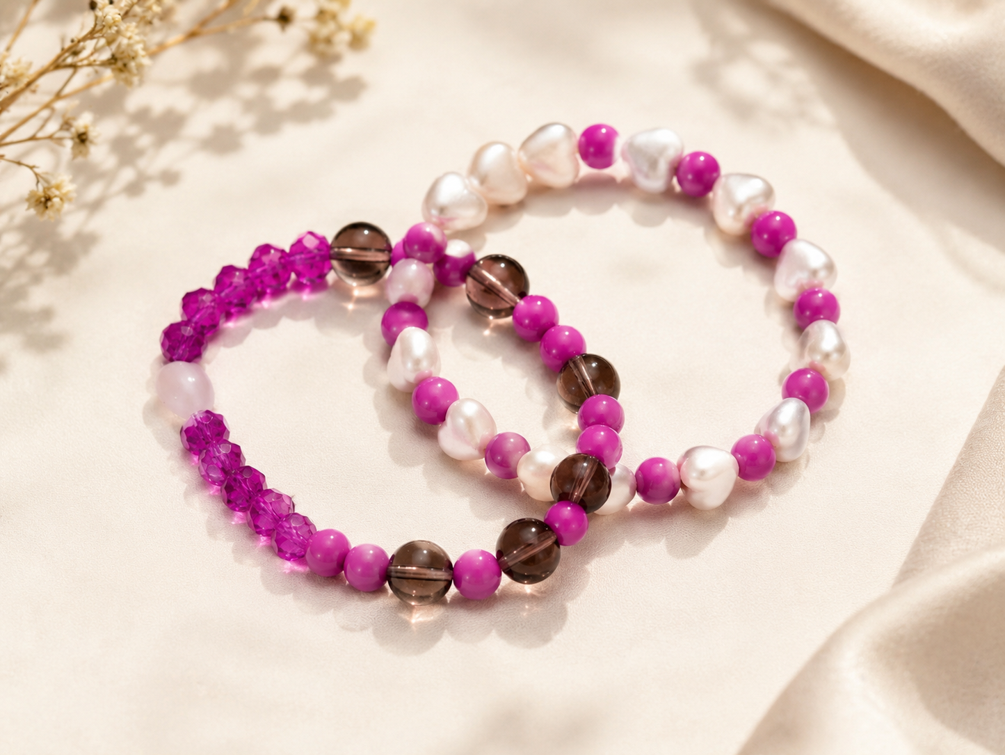 Kids' Pink & Pearl Beaded Stretch Bracelet Set (Set of 2)