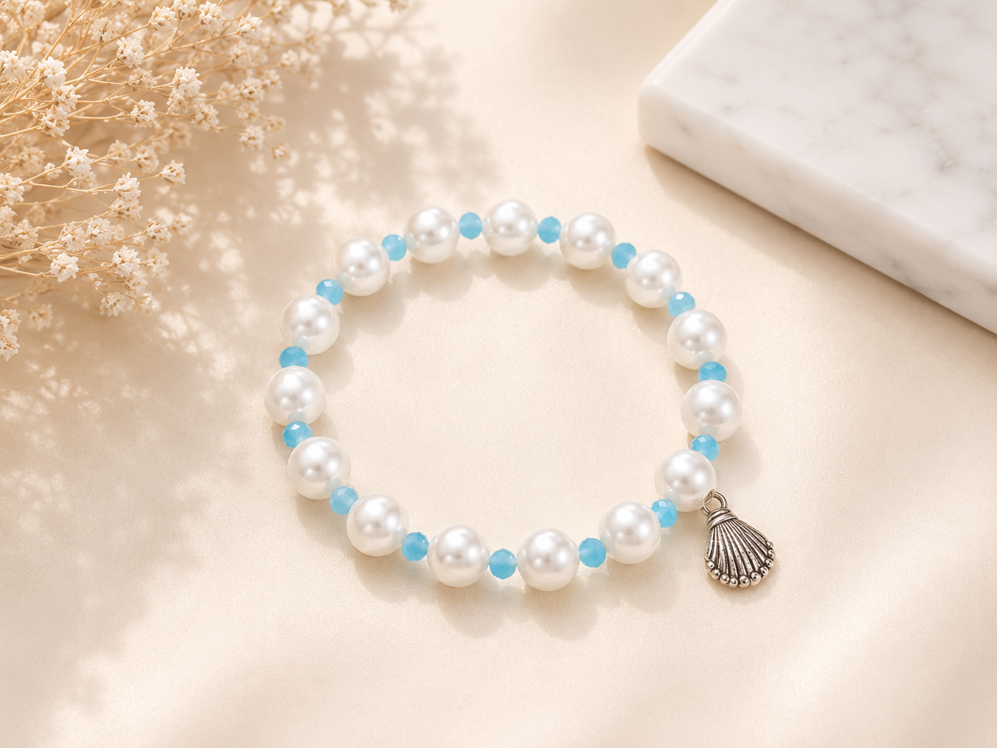 Pearl & Aqua Crystal Seashell Charm Stretch Bracelet