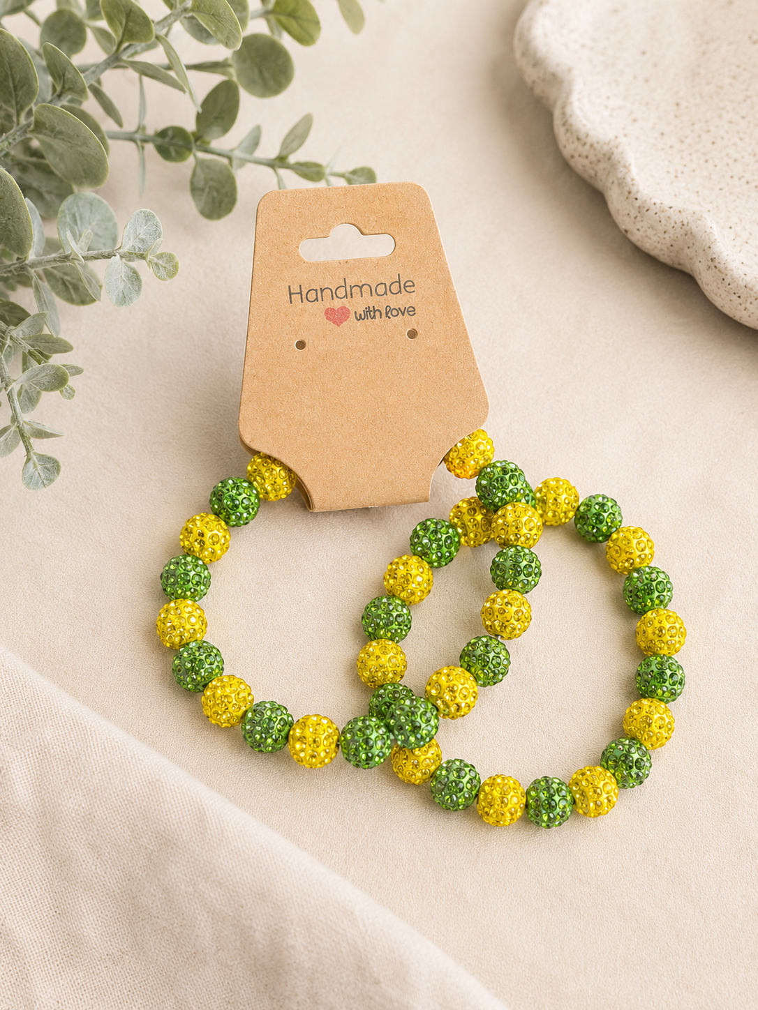 Green & Yellow Rhinestone Pavé Disco Ball Bracelet Set (Set of 2)